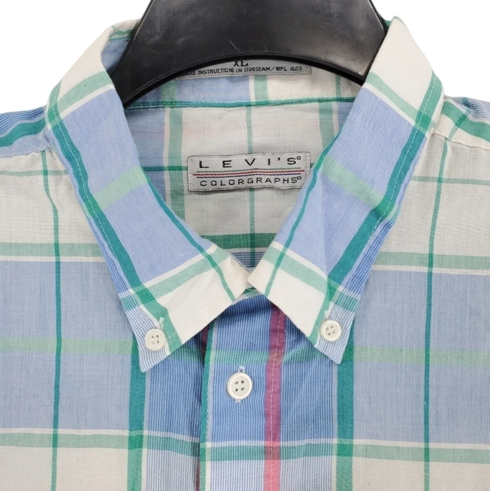 Vtg Levis Shirt Mens XL Tartan Plaid Button Down Blue White Colorgraphs 80s SS